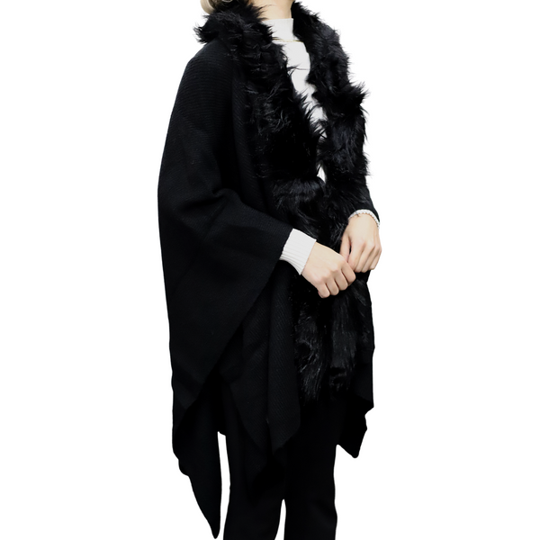 La Fiorentina Wrap With Faux Fur Trim Wool Blend One Size Black