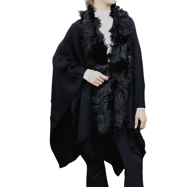 La Fiorentina Wrap With Faux Fur Trim Wool Blend One Size Black
