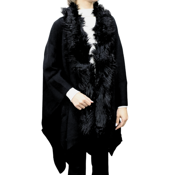 la fiorentina Wrap with Faux Fur Trim Wool Blend One Size Black