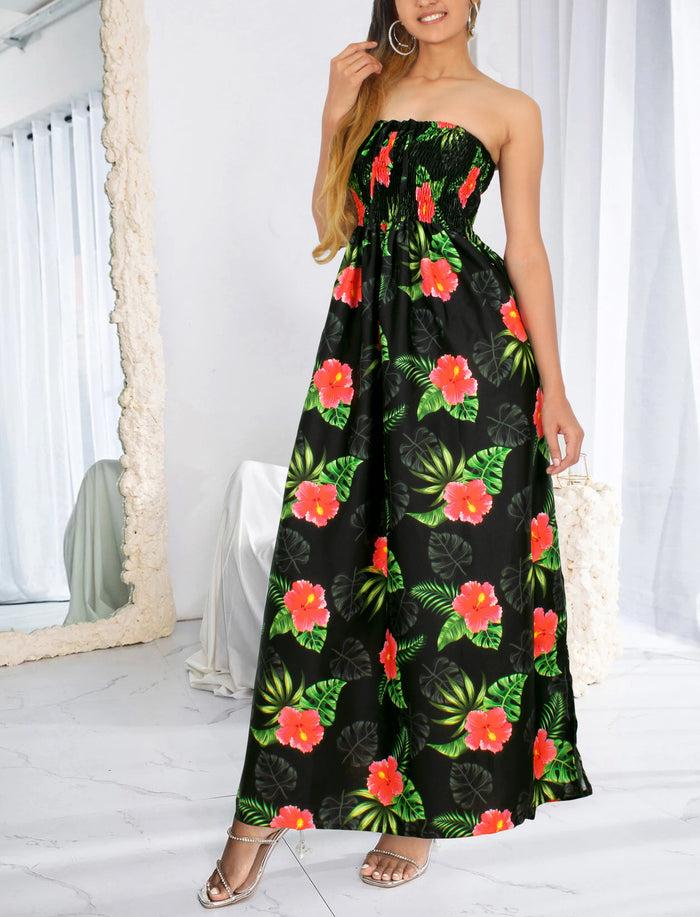 La Leela Allover Hibiscus Printed Long Maxi Strapless Dress