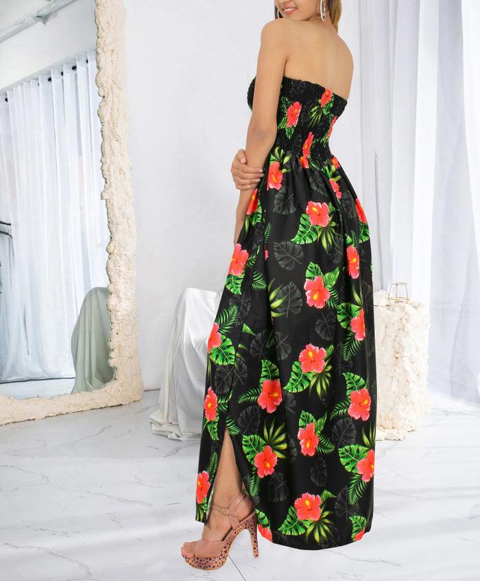 La Leela Allover Hibiscus Printed Long Maxi Strapless Dress