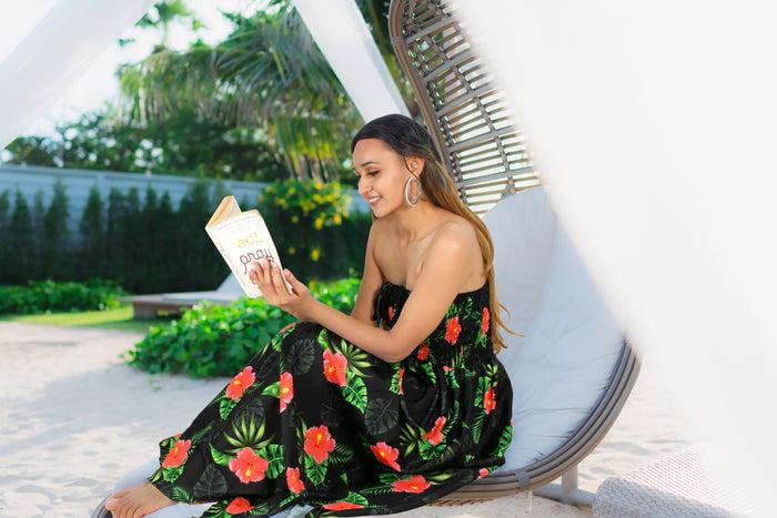 La Leela Allover Hibiscus Printed Long Maxi Strapless Dress