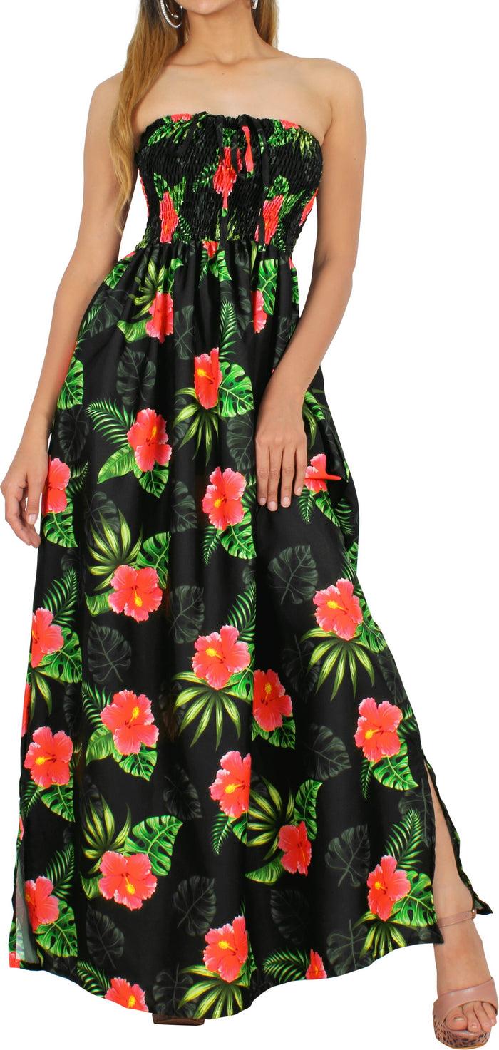 la leela Allover Hibiscus Printed Long Maxi Strapless Dress
