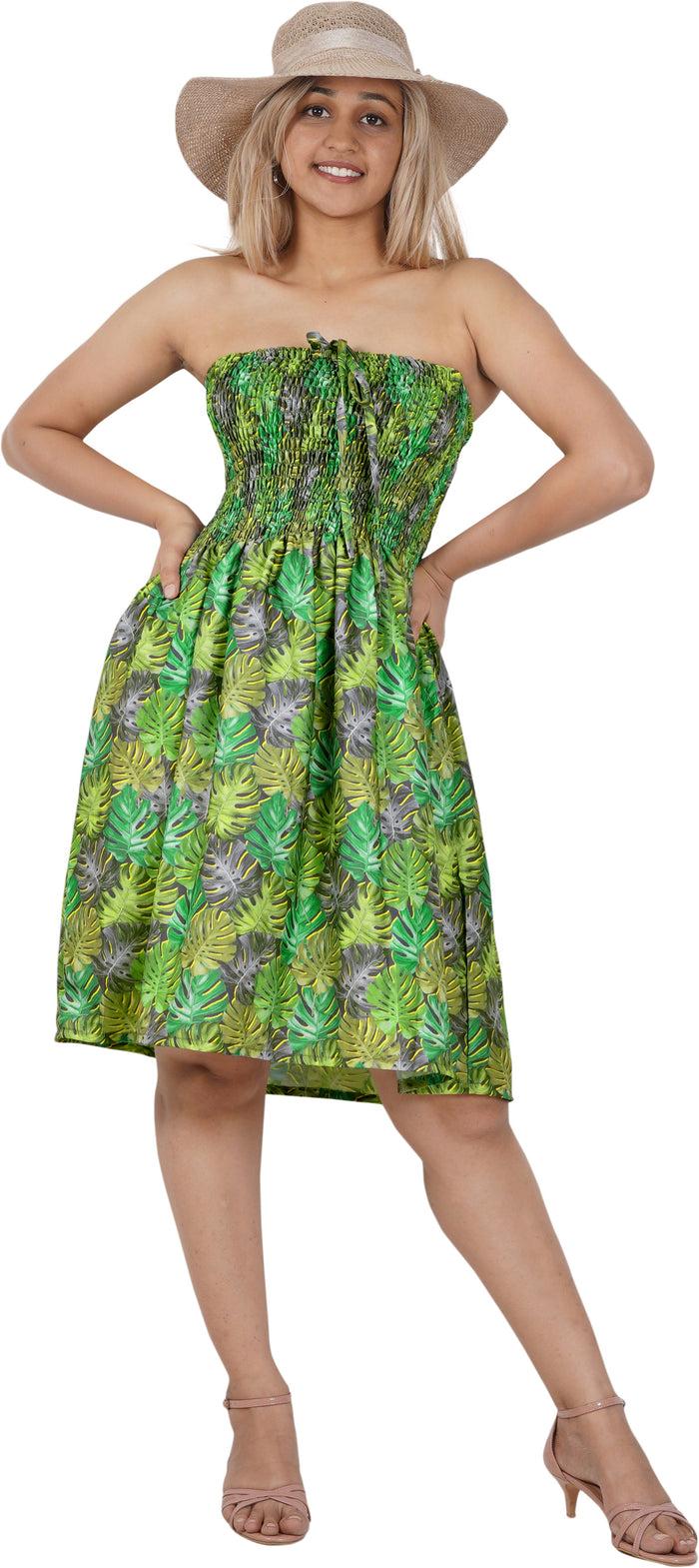la leela Allover Tropical Monstera Leaves Printed Short Dress For Women