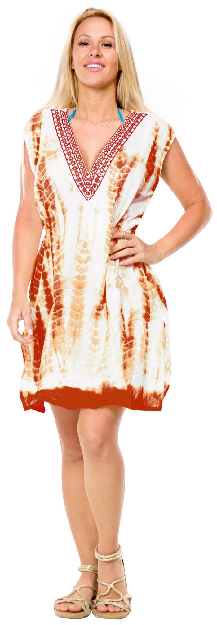 La Leela Beachwear Swimwear Tie Dye Poncho Cotton Caftan Cover Up Dress Tunic Top Orange
