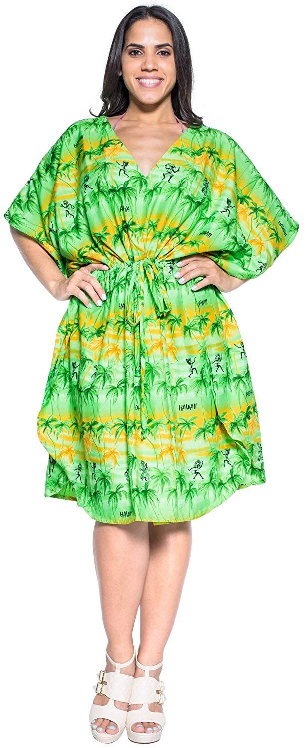 La Leela Bikini Cover Up Dress Aloha Drawstring V Neck Swimsuit Womens Caftans BeachWear