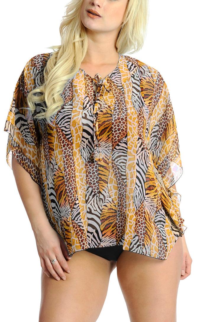 la leela Blouse Chiffon Printed Caftan Short Swimsuit Cover up Orange Swimwear Tank Top