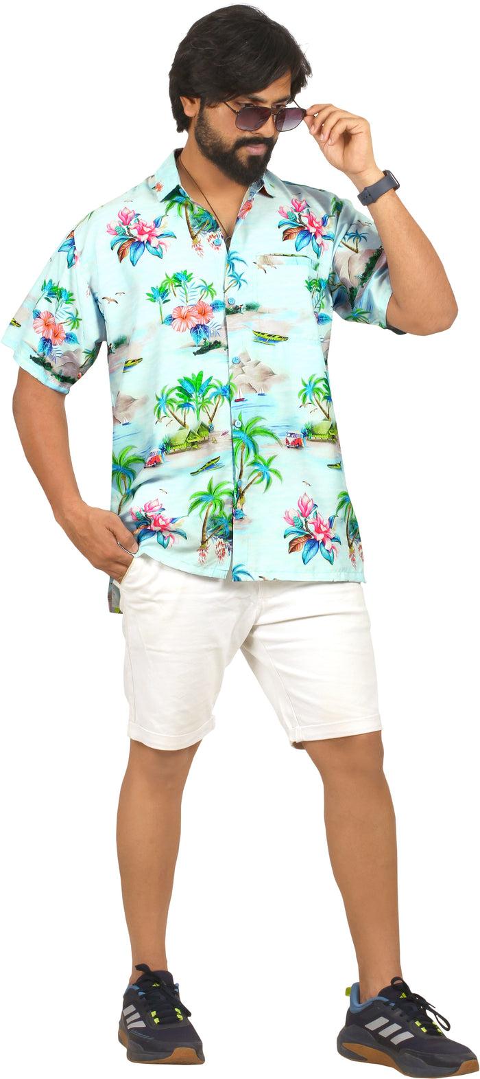 La Leela Blue Island Floral And Boat Printed Hawaiian Beach Shirt For Men