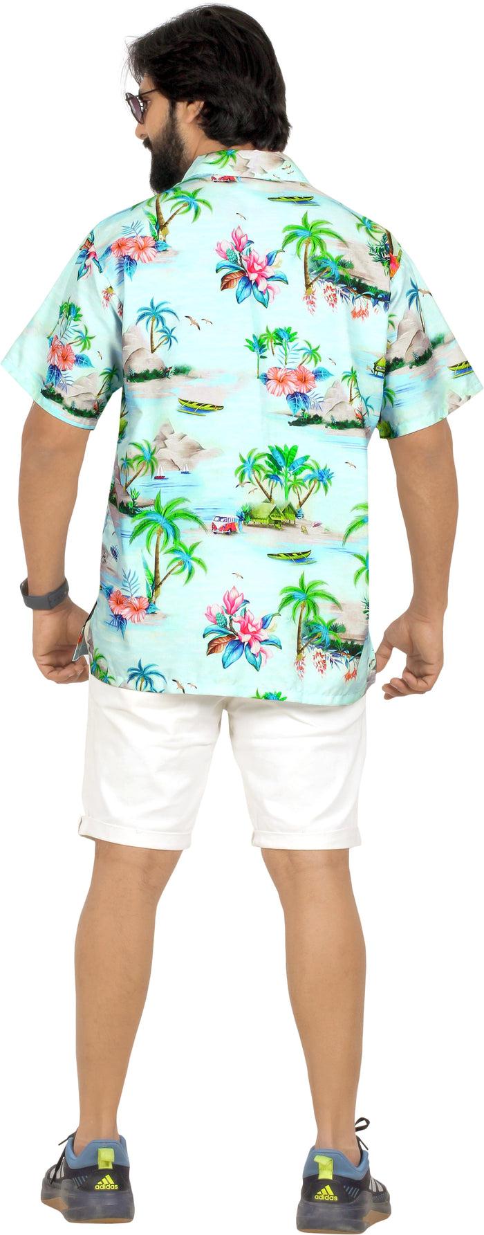 La Leela Blue Island Floral And Boat Printed Hawaiian Beach Shirt For Men