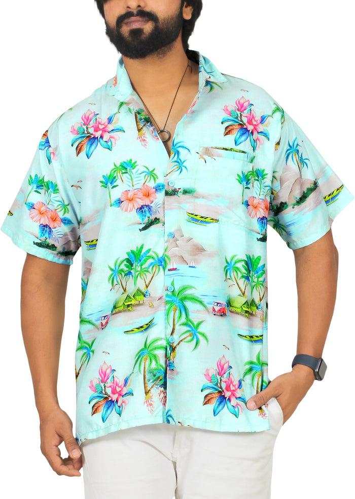 la leela Blue Island Floral and Boat Printed Hawaiian Beach Shirt For Men