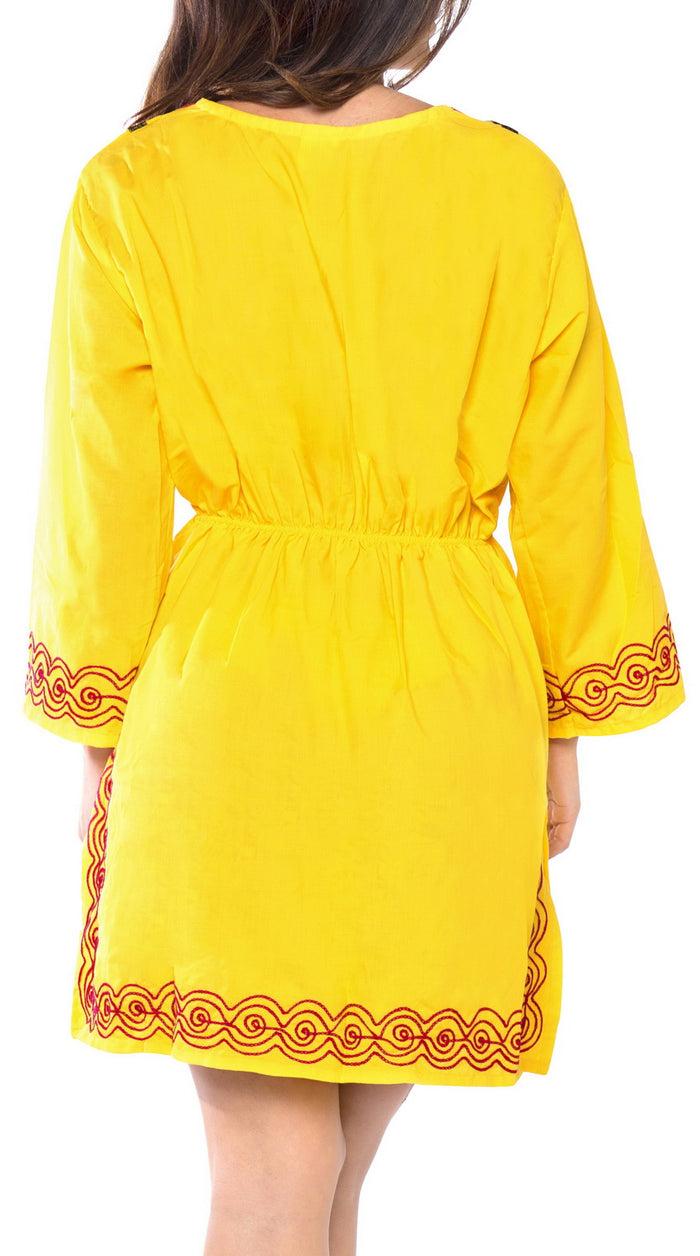 La Leela Cover Up Tunic Top Embroidered Long Sleeves Ladies Bathing Suit Swim Yellow