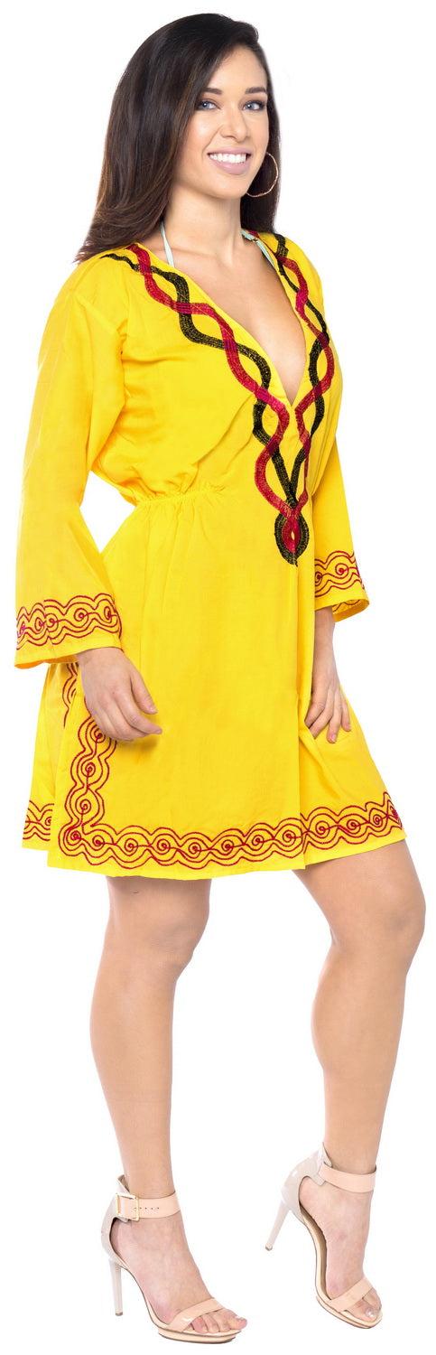 La Leela Cover Up Tunic Top Embroidered Long Sleeves Ladies Bathing Suit Swim Yellow
