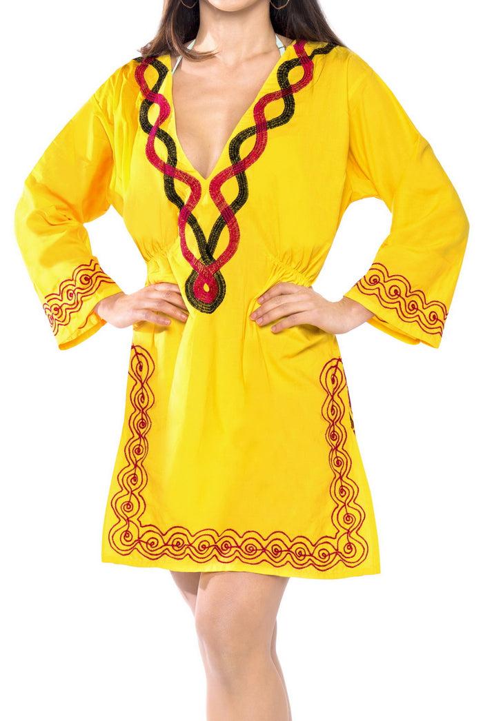 la leela Cover up Tunic Top Embroidered Long Sleeves Ladies Bathing Suit Swim Yellow