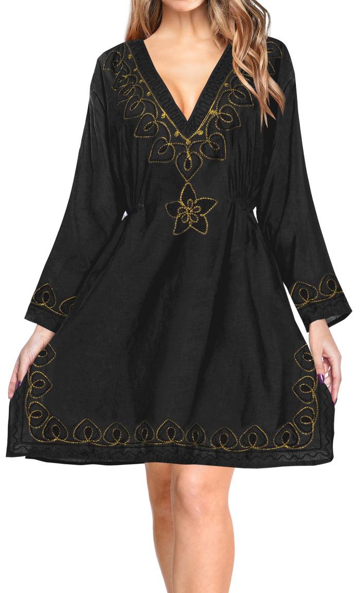 La Leela Designer Embroidered Beach Bikini Cover Up Swimwear Short Casual Rayon Black