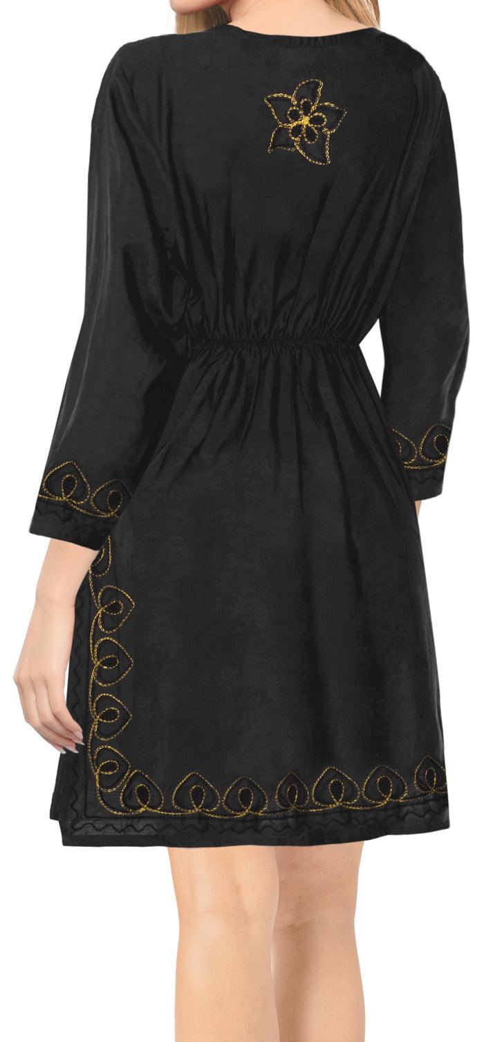 La Leela Designer Embroidered Beach Bikini Cover Up Swimwear Short Casual Rayon Black