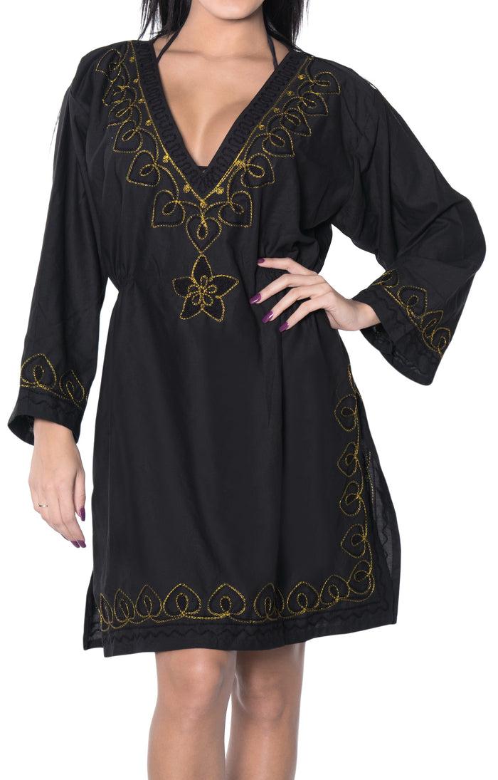 La Leela Designer Embroidered Beach Bikini Cover Up Swimwear Short Casual Rayon Black