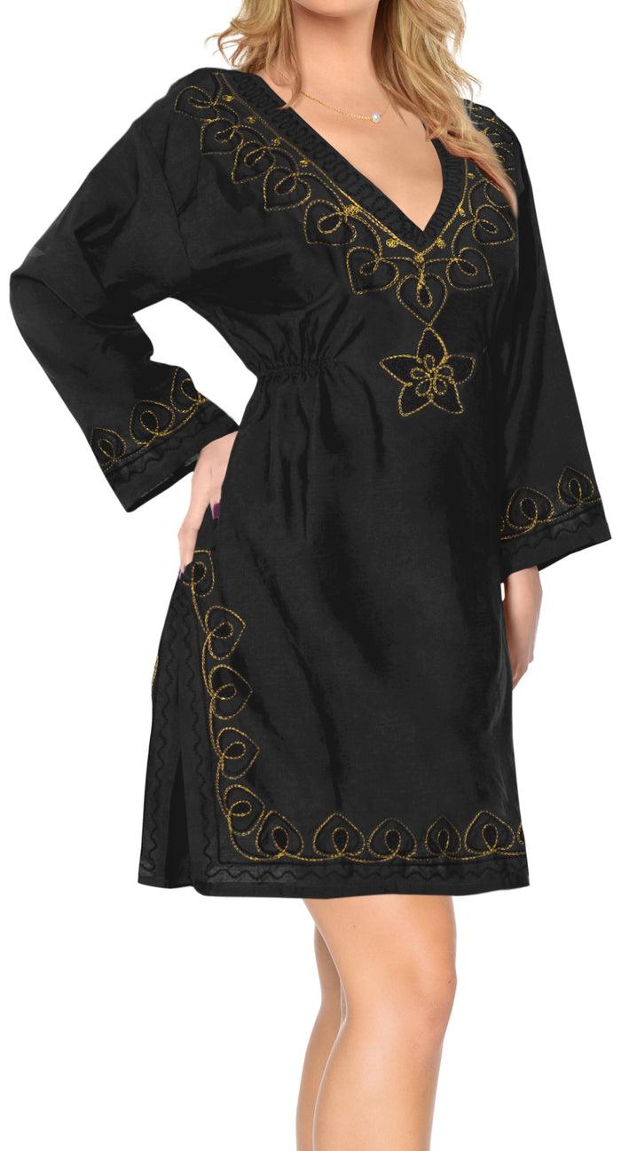 la leela Designer Embroidered Beach Bikini Cover up Swimwear Short Casual Rayon Black