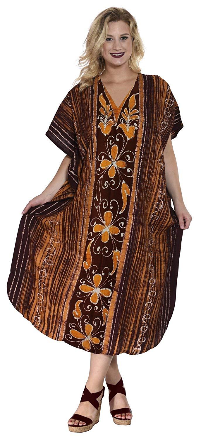 La Leela Hand Made Batik 100% Cotton Loose Kimono Caftan Dress Beachwear Swimwear Kaftan