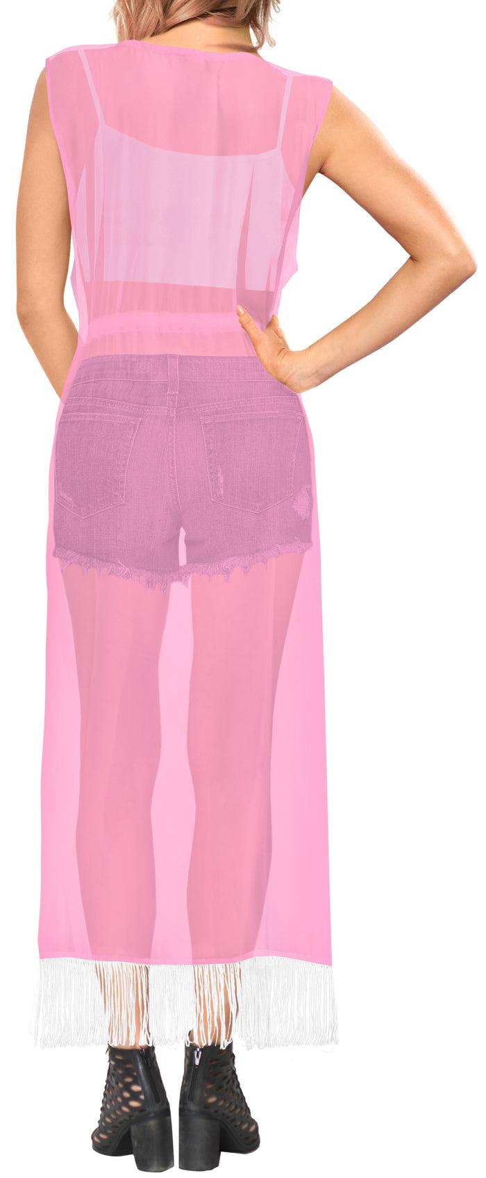 La Leela La Leela Baby Pink Sheer Kimono Cardigan Jacket With Fringes