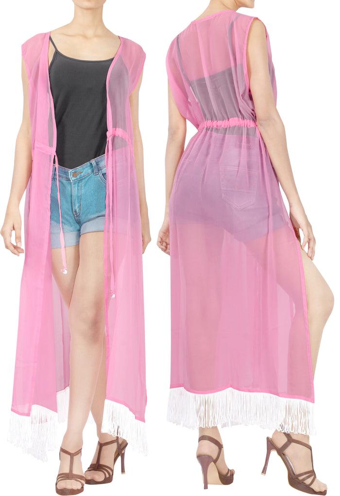 La Leela La Leela Baby Pink Sheer Kimono Cardigan Jacket With Fringes