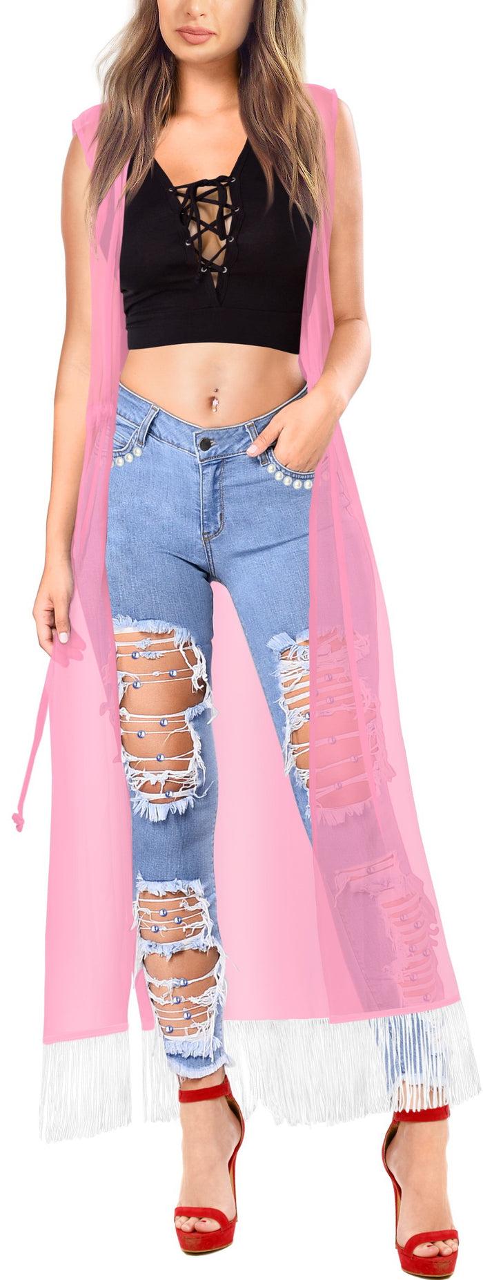 La Leela La Leela Baby Pink Sheer Kimono Cardigan Jacket With Fringes