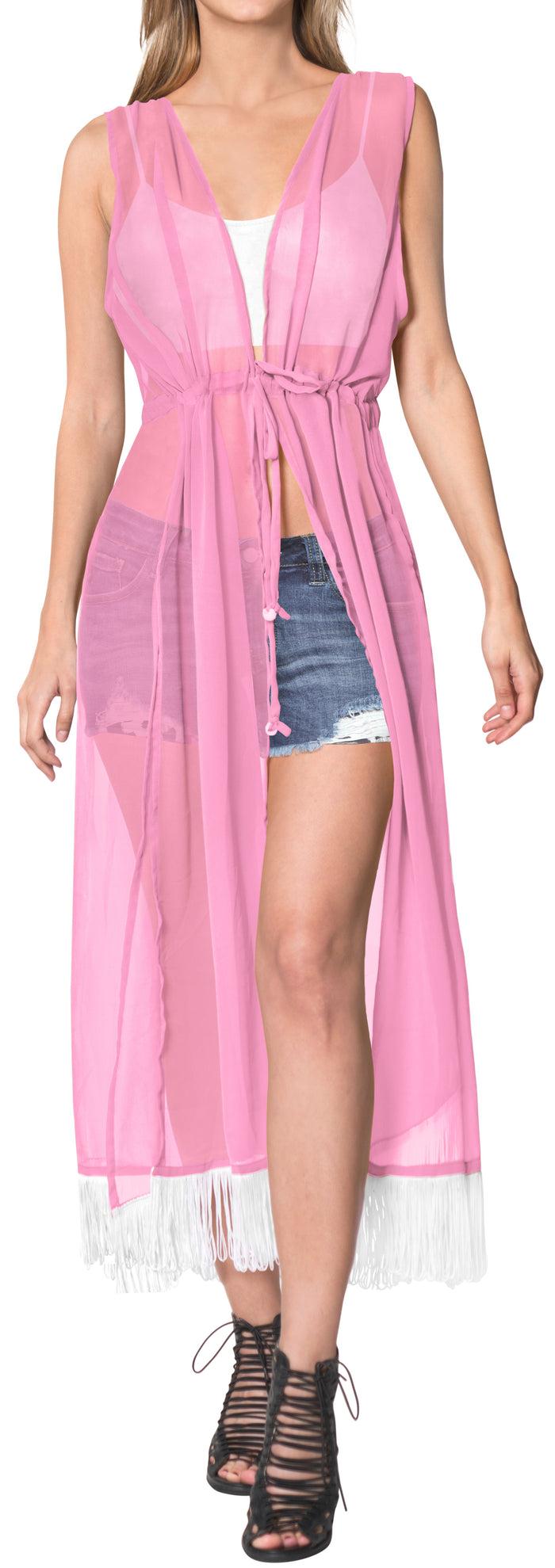 la leela La Leela Baby Pink Sheer Kimono Cardigan Jacket With Fringes
