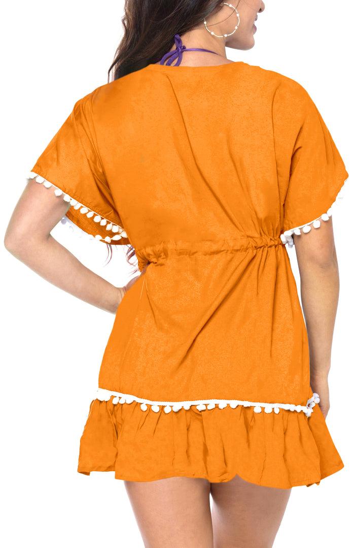 La Leela La Leela Beach Swimwear Rayon Designer White Pom Pom Lace Tunic Cover Up Orange