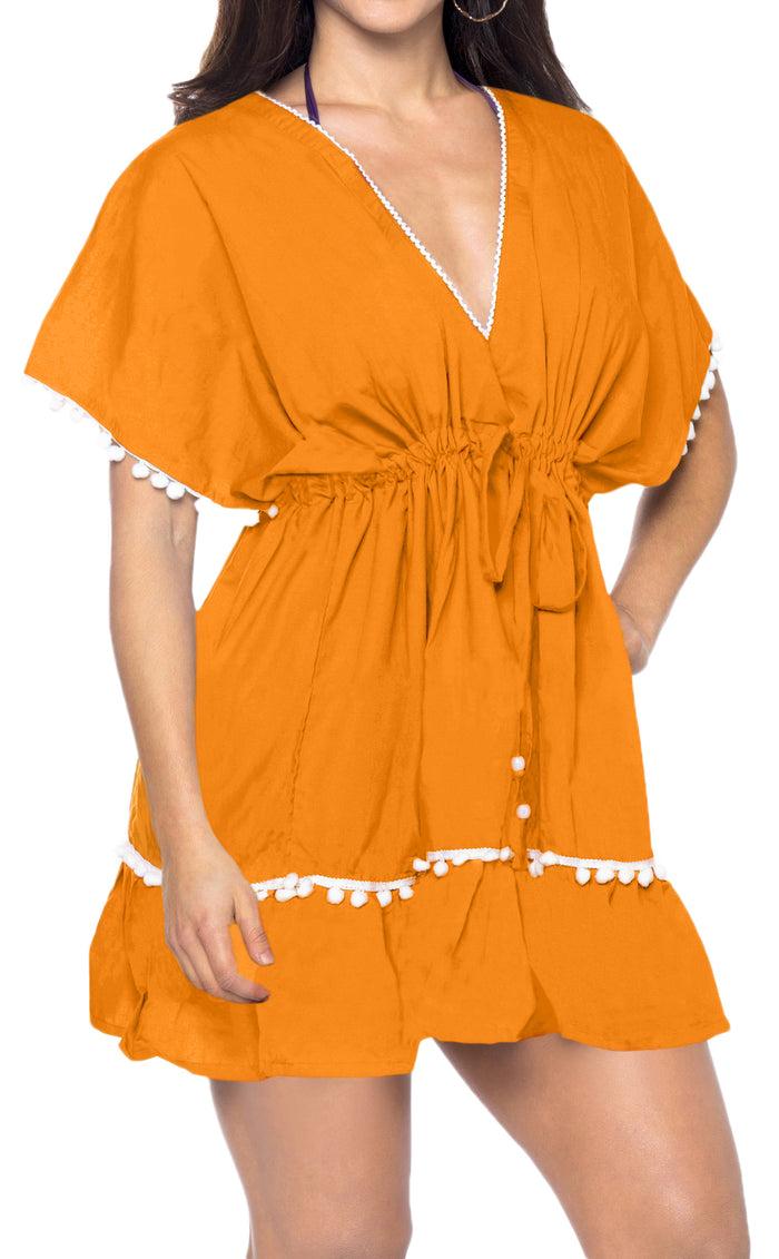 la leela La Leela Beach Swimwear Rayon Designer White Pom Pom Lace Tunic Cover Up Orange