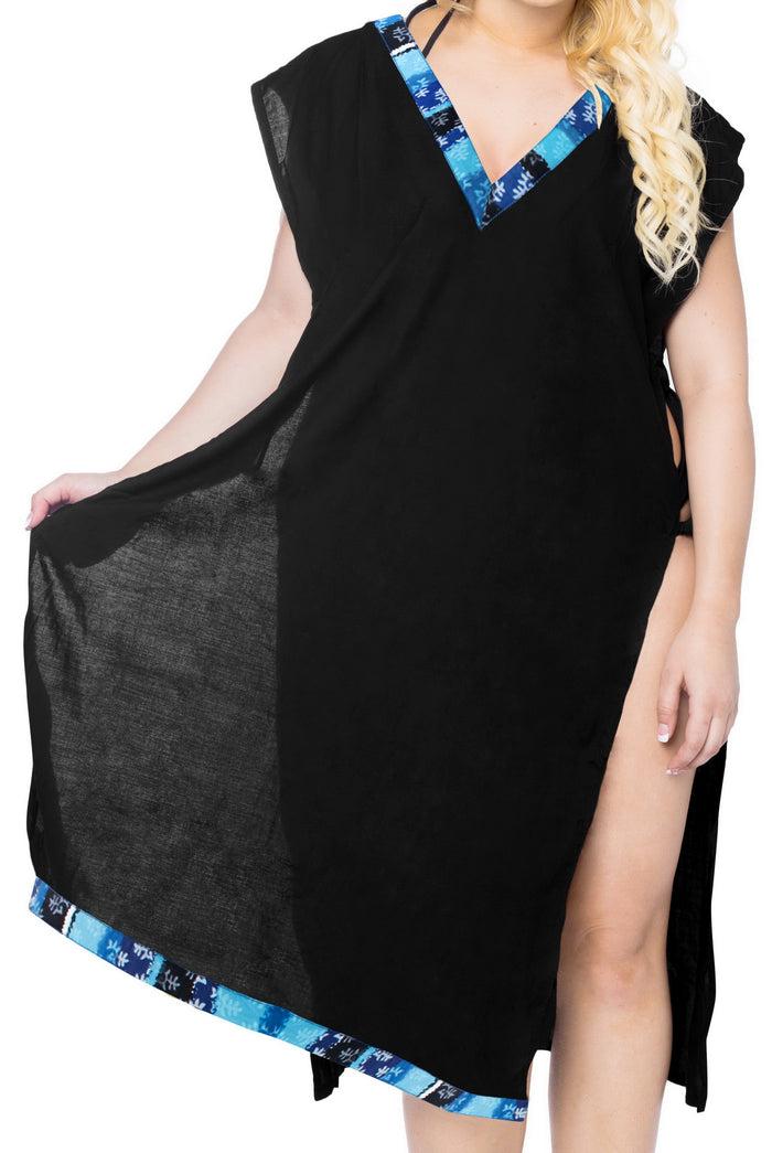 la leela LA LEELA Bikini Swim Beach wear Swimsuit Cover ups Women Caftan Dress Solid OSFM 8-14 [M- L] Halloween Black_B967