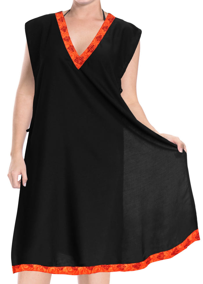 la leela LA LEELA Bikini Swim Beach wear Swimsuit Cover ups Women Caftan Dress Solid OSFM 8-14 [M- L] Halloween Black_B961