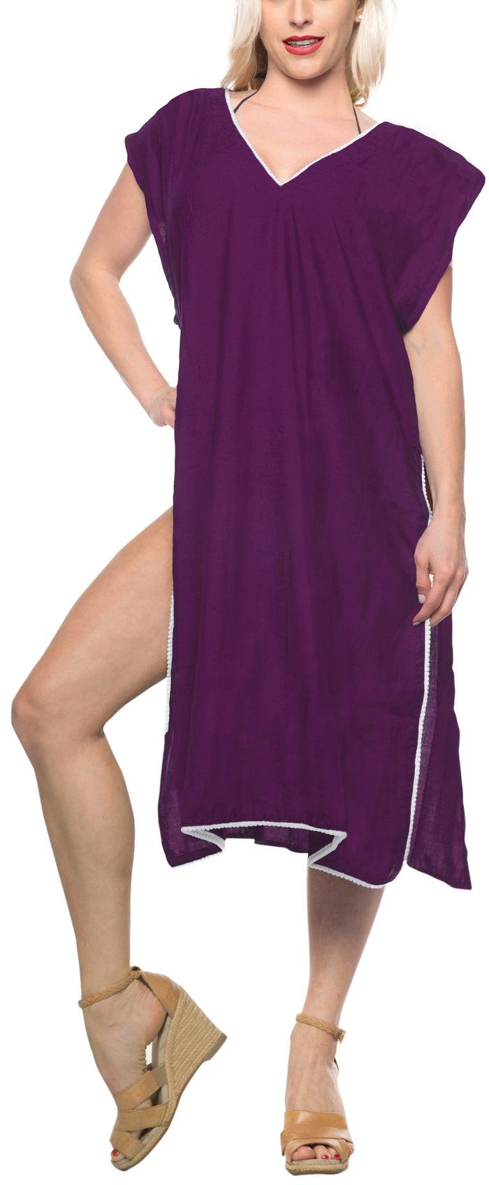 la leela LA LEELA Bikini Swim Beach wear Swimsuit Cover ups Women Caftan Dress Solid OSFM 8-14 [M- L] Violet_B980