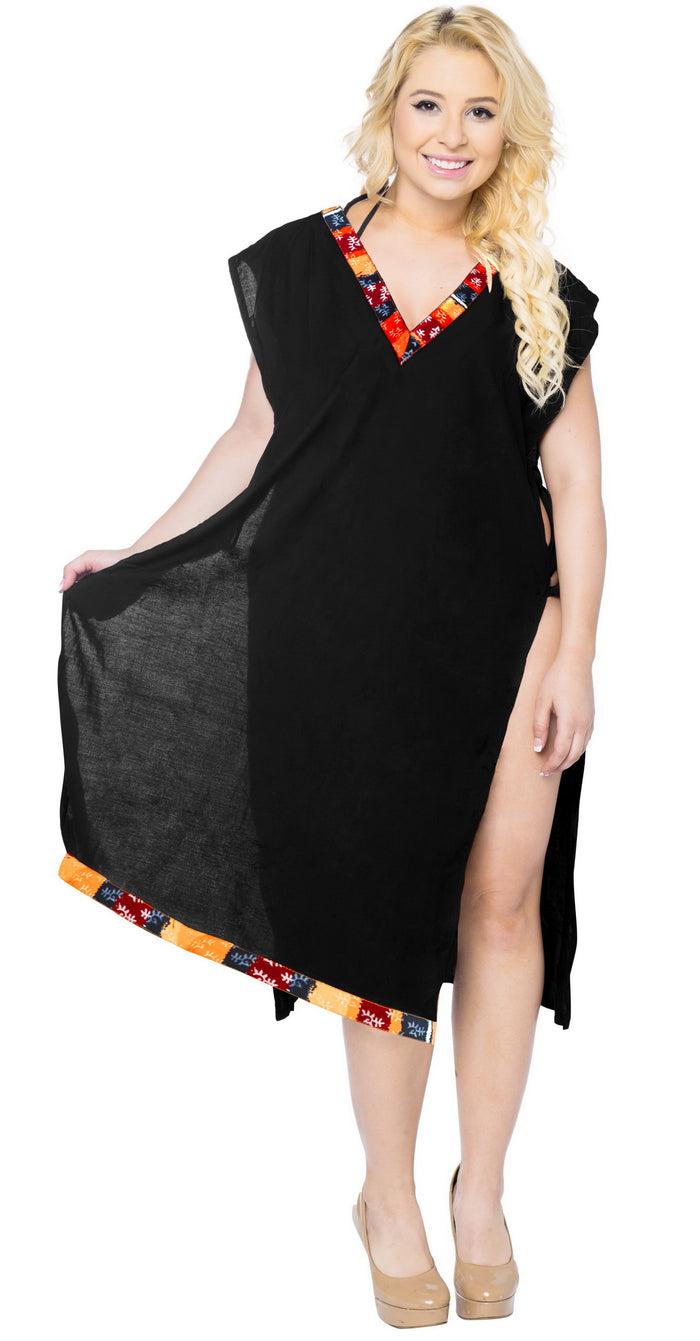la leela LA LEELA Bikini Swim Beach wear Swimsuit Cover ups Women Caftan Dress Solid OSFM 8-14 [M- L] Halloween Black_B965