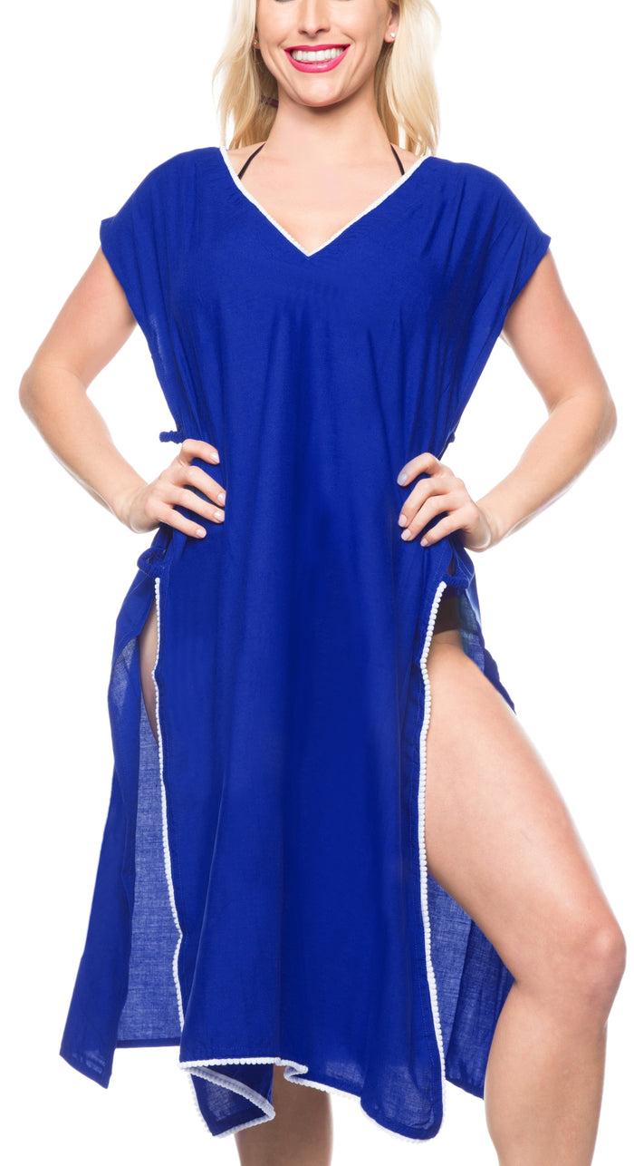 la leela LA LEELA Bikini Swim Beach wear Swimsuit Cover ups Women Caftan Dress Solid OSFM 8-14 [M- L] Blue_B982