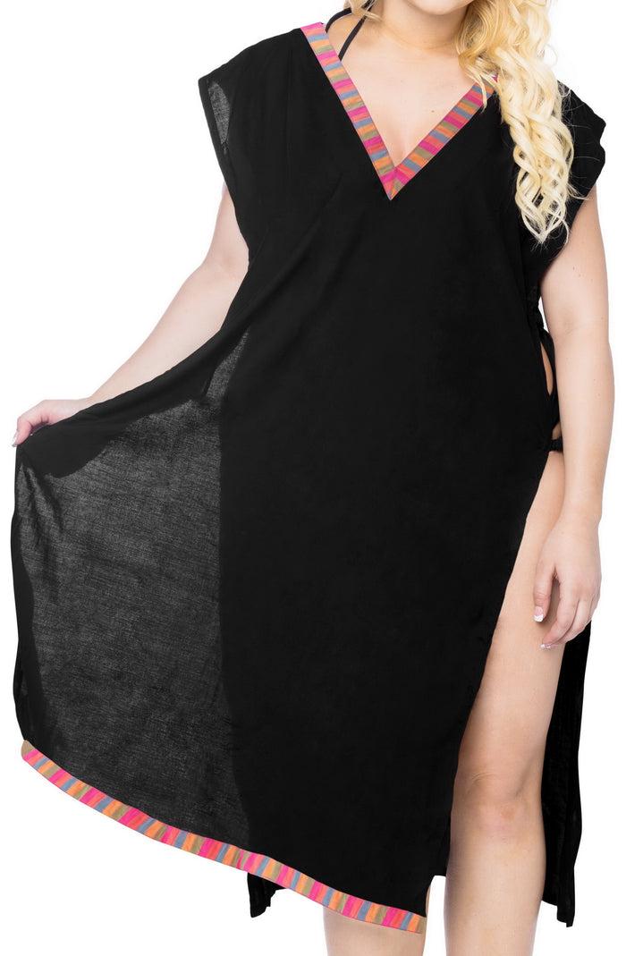 la leela LA LEELA Bikini Swim Beach wear Swimsuit Cover ups Women Caftan Dress Solid OSFM 8-14 [M- L] Halloween Black_C5