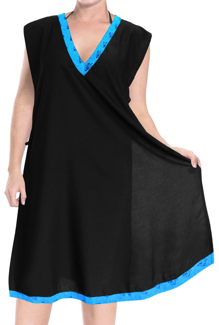 la leela LA LEELA Bikini Swim Beach wear Swimsuit Cover ups Women Caftan Dress Solid OSFM 8-14 [M- L] Halloween Black_B959