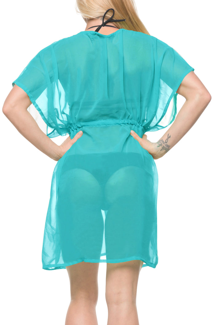 La Leela LA LEELA Bikni Swimwear Chiffon Solid Beach Tunic Cover Up OSFM 14-24 [L-3X] Blue_870