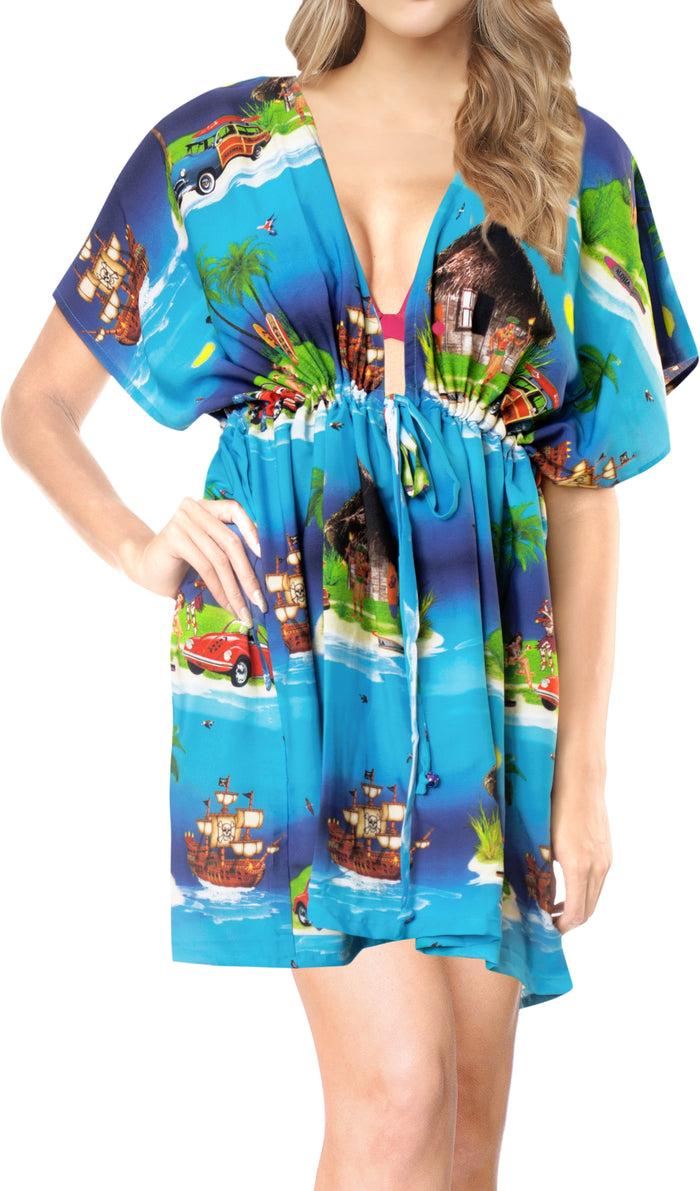 la leela LA LEELA Bikni Swimwear Digital HD Print Tunic Vintage Cover Up Blue_A333