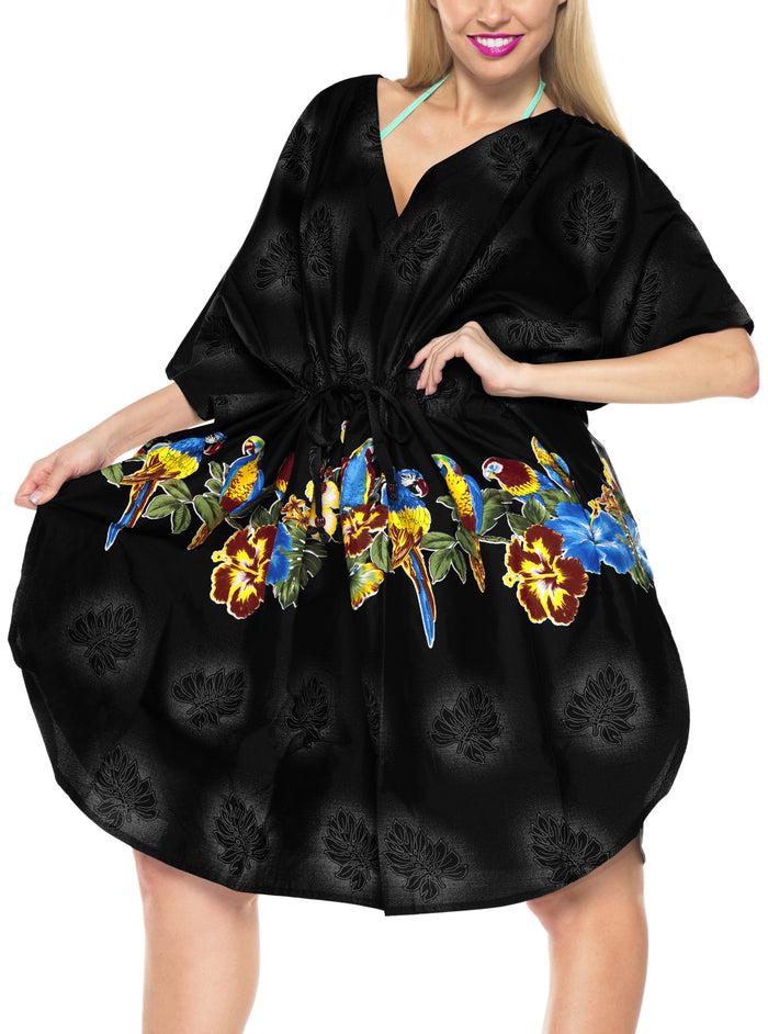 la leela LA LEELA Bikni Swimwear Soft fabric parrot Printed Kimono Beachwear Loose Cover Up Black