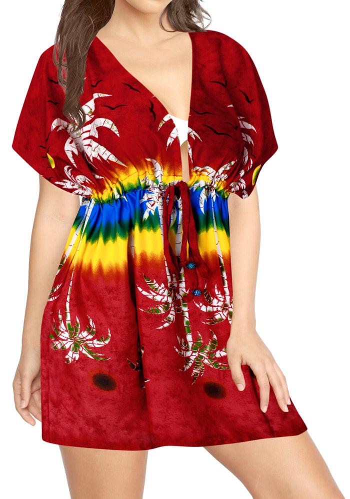 la leela LA LEELA Bikni Swimwear Soft fabric Printed Beachwear Loose Cover Up OSFM 14-24W [L- 3X] Blood Red_B815