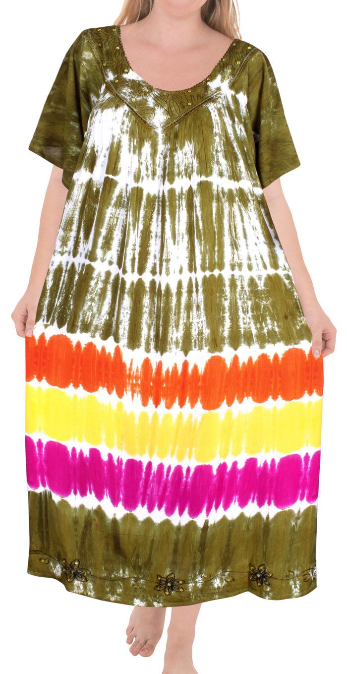 la leela LA LEELA Casual DRESS Beach Cover up Rayon Tie Dye Aloha Beach Wear OSFM 12-16 [L-1X] Brown_Green