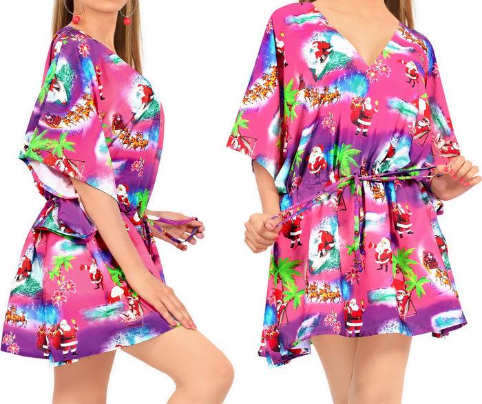 La Leela La Leela Christmas Pink Cover Up Dress With Santa Claus And Xmas Tree Print 3X-4X