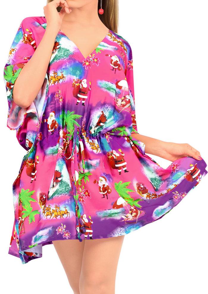 la leela La Leela Christmas Pink Cover up Dress with Santa Claus and Xmas Tree Print 3X-4X