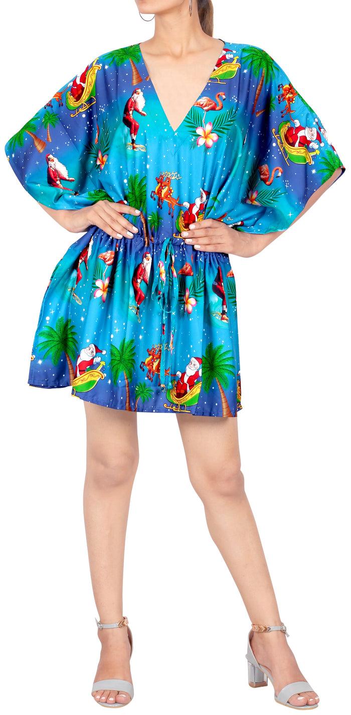 La Leela LA LEELA Christmas Santa Claus Print Beach Cover Up OSFM 14-28 [L-4X] Blue_2137