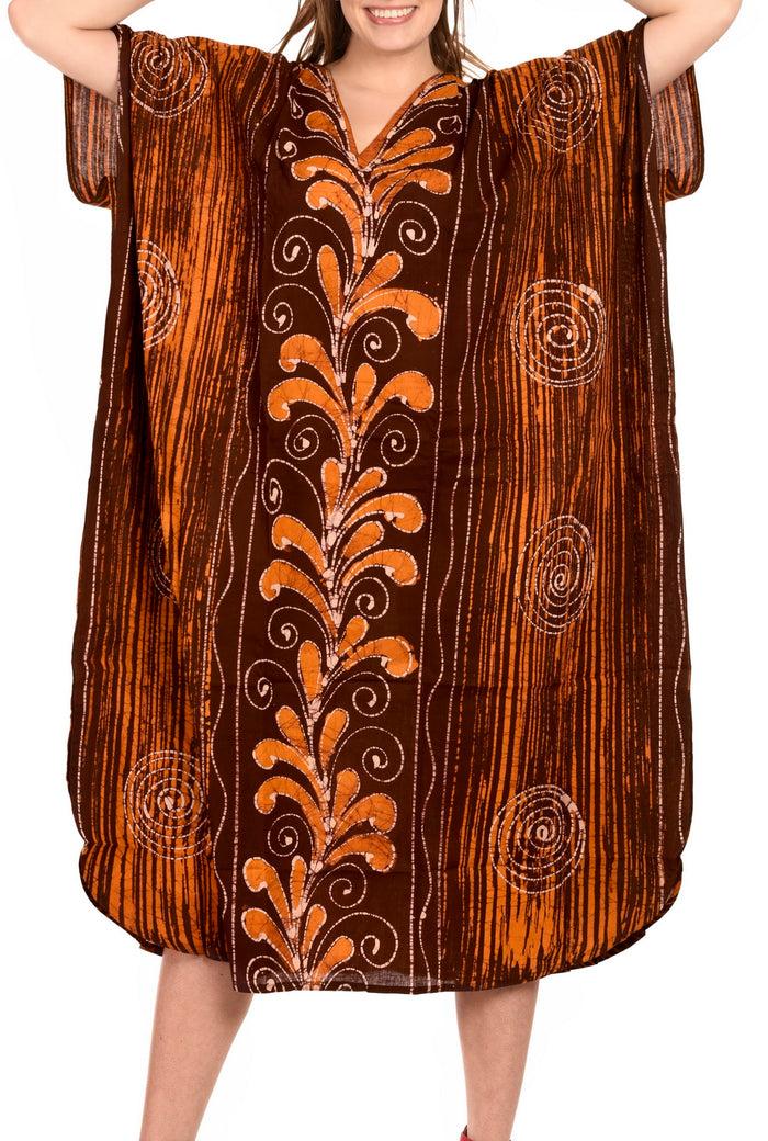 La Leela LA LEELA Cotton Batik Printed Women's Kaftan Kimono Summer Beachwear Cover Up Dress Brown_D315