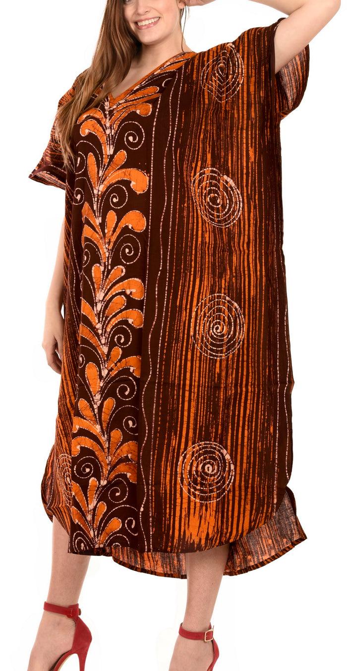 La Leela LA LEELA Cotton Batik Printed Women's Kaftan Kimono Summer Beachwear Cover Up Dress Brown_D315