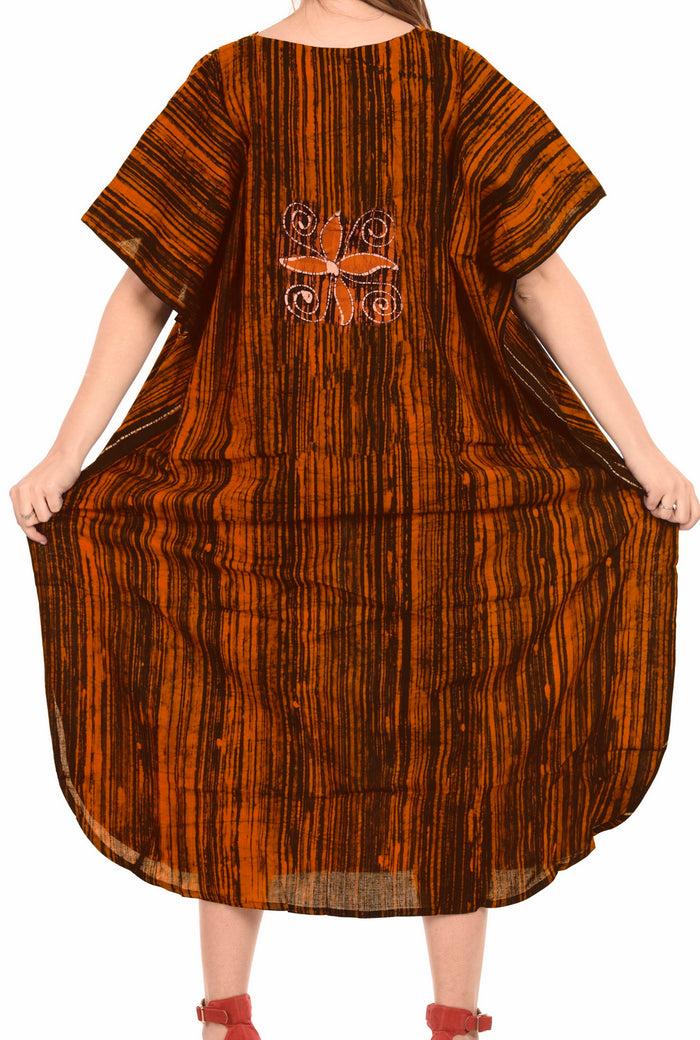La Leela LA LEELA Cotton Batik Printed Women's Kaftan Kimono Summer Beachwear Cover Up Dress Brown_D315
