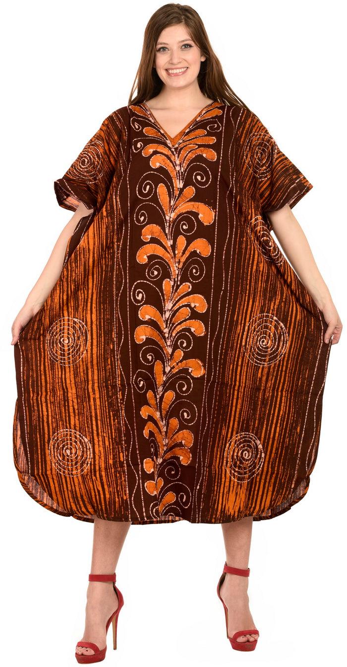 la leela LA LEELA Cotton Batik Printed Women's Kaftan Kimono Summer Beachwear Cover up Dress Brown_D315