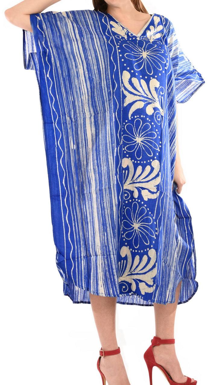 La Leela LA LEELA Cotton Batik Printed Women's Kaftan Kimono Summer Beachwear Cover Up Dress Blue_D322