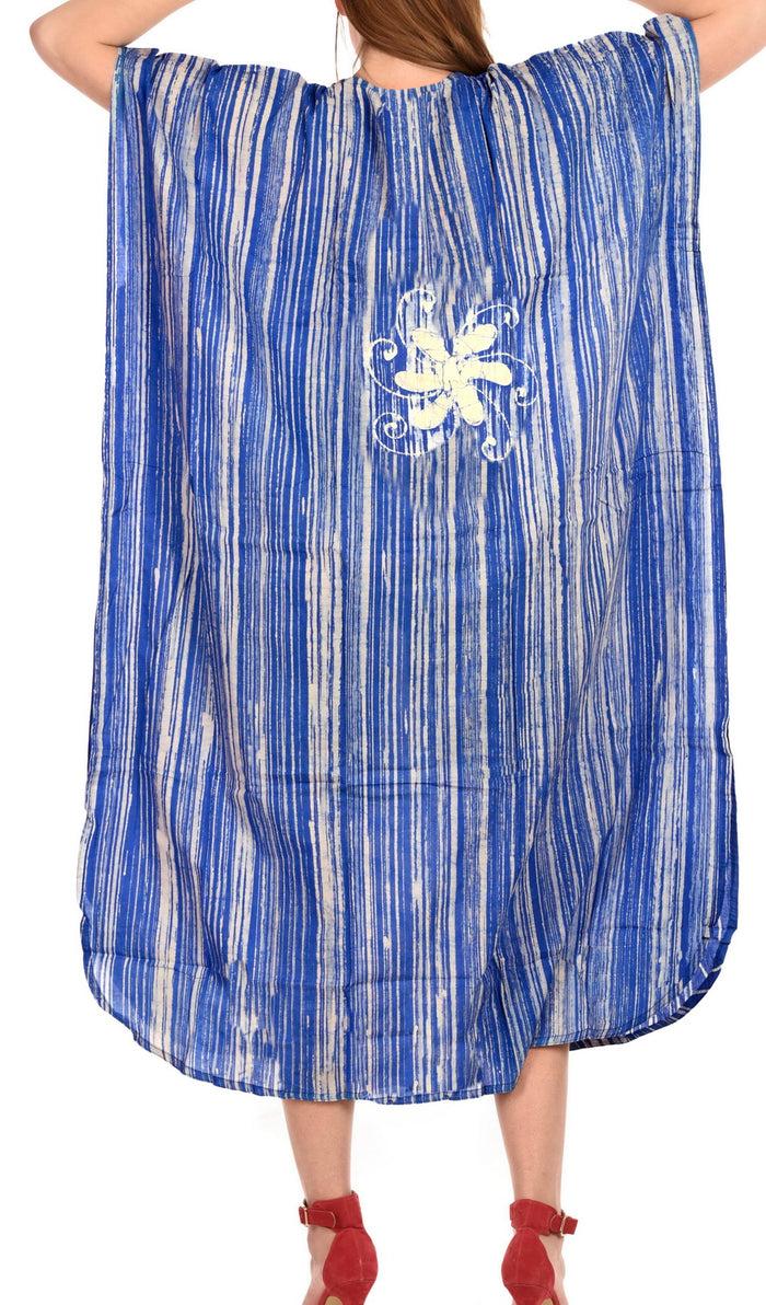 La Leela LA LEELA Cotton Batik Printed Women's Kaftan Kimono Summer Beachwear Cover Up Dress Blue_D322