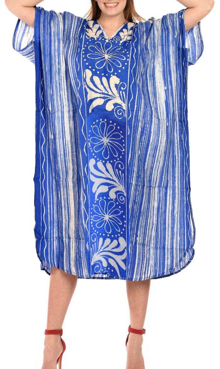la leela LA LEELA Cotton Batik Printed Women's Kaftan Kimono Summer Beachwear Cover up Dress Blue_D322